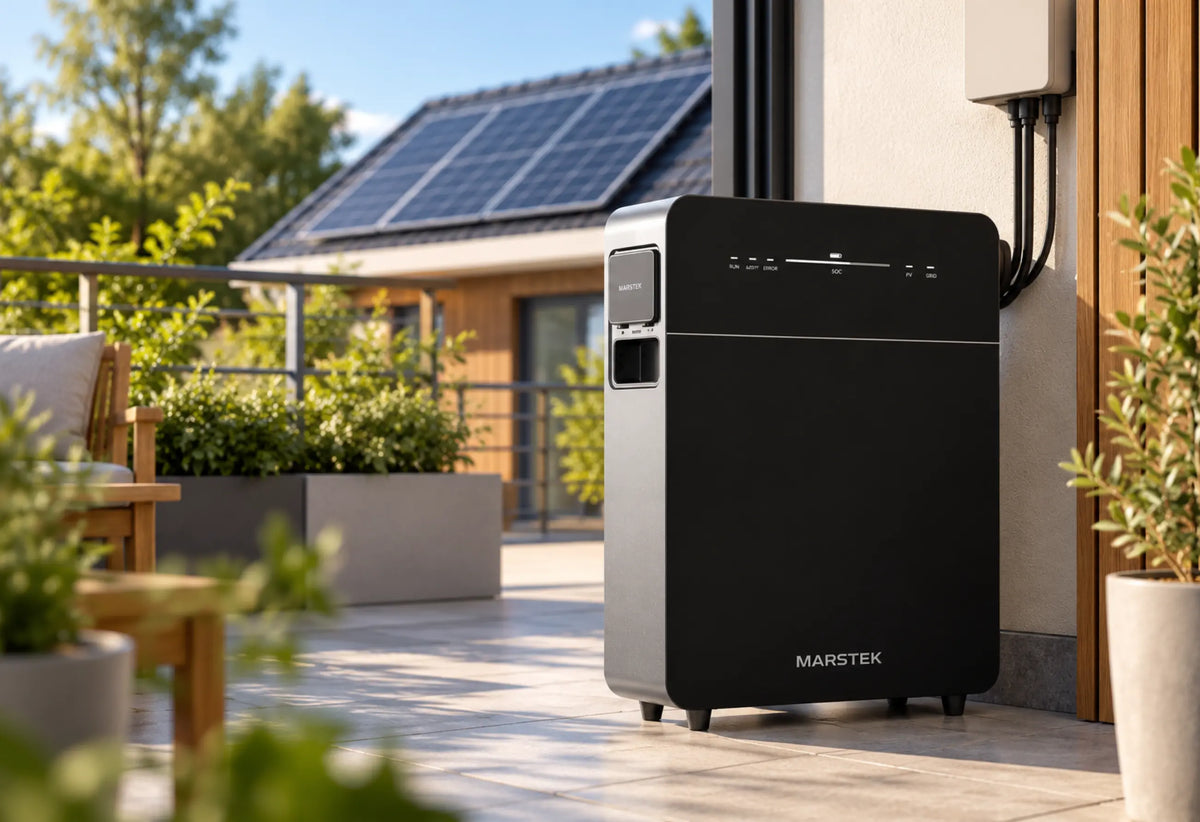 Marstek Venus E 3.0 Stromspeicher auf einer modernen Terrasse vor Hauswand und Holzverkleidung, im Hintergrund ein Wohnhaus mit Solardach, Pflanzen und Sitzbereich.