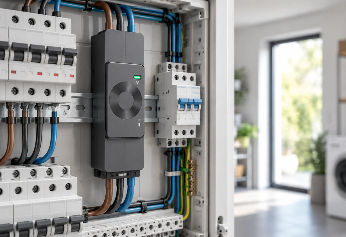 Marstek CT002 3-Phasen Smart Meter montiert auf einer DIN-Schiene im geöffneten Sicherungskasten, umgeben von Leitungsschutzschaltern und farbigen Stromleitungen, im Hintergrund ein heller Hauswirtschaftsraum.