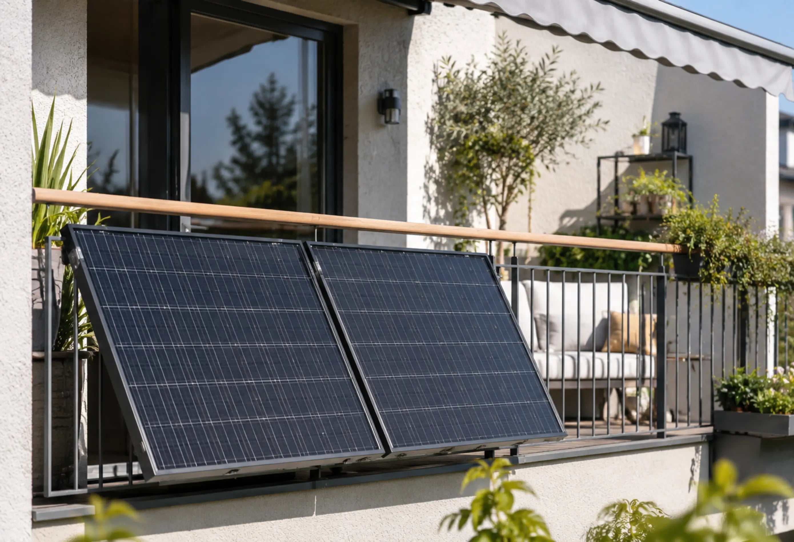 Zwei Solarmodule eines Balkonkraftwerks an einem modernen, sonnigen Balkon mit Pflanzen und Sitzbereich.