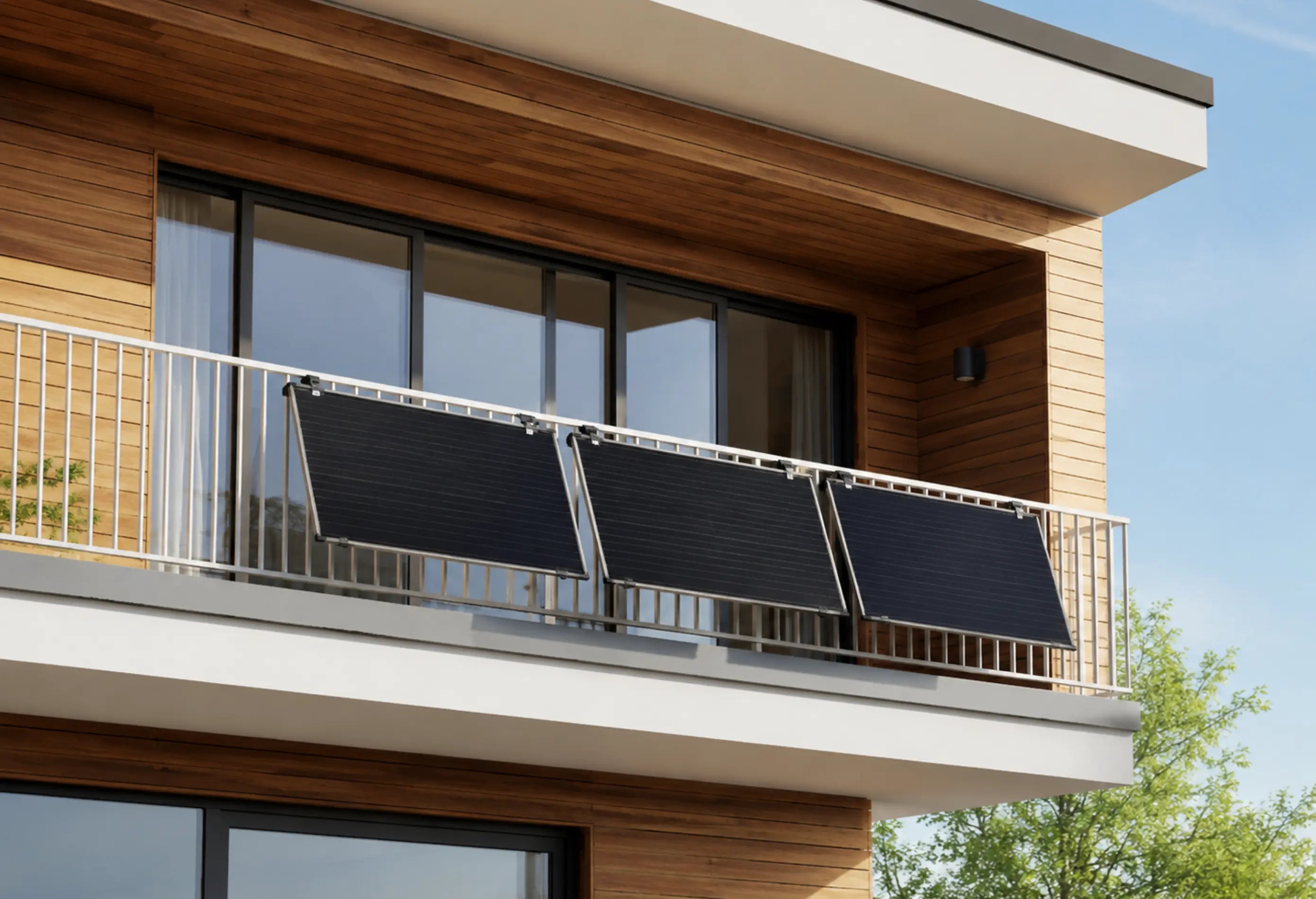 Modernes Wohnhaus mit drei gleich großen Solarpanels, die leicht angewinkelt am Balkongeländer montiert sind.