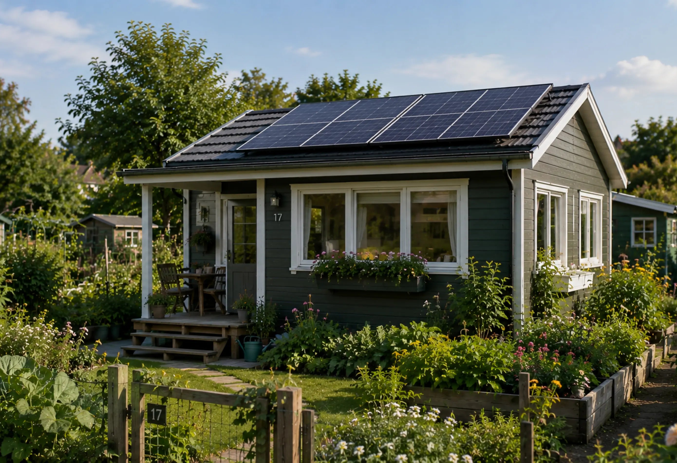 Balkonkraftwerk mit Solarmodulen auf dem Dach eines Schrebergartenhauses in einer gepflegten Kleingartenanlage mit Gemüsebeeten und Blumen