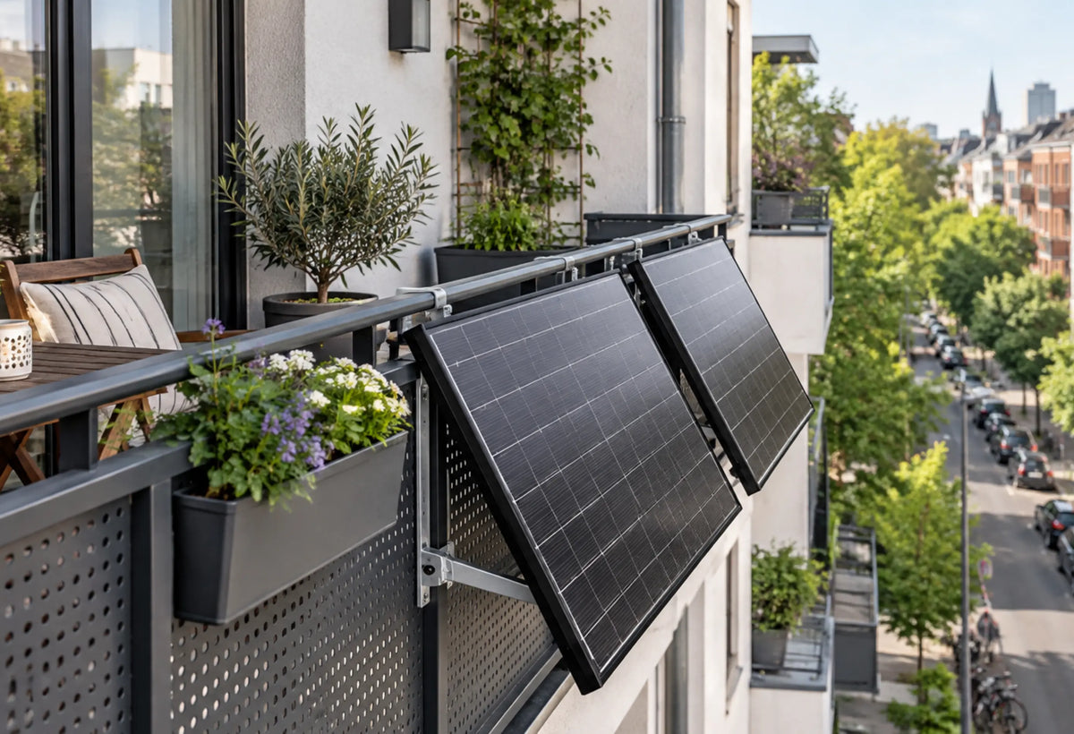 Moderner Stadtbalkon mit zwei am Geländer montierten Solarmodulen, Pflanzen und Sitzmöbeln, mit Blick auf eine begrünte Wohnstraße.