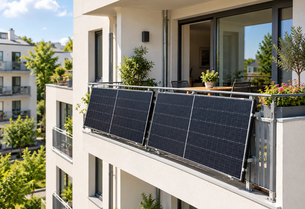 Sonniger Balkon mit zwei Solarmodulen am Geländer, vielen Pflanzen und gemütlicher Sitzecke vor urbaner Wohnkulisse.