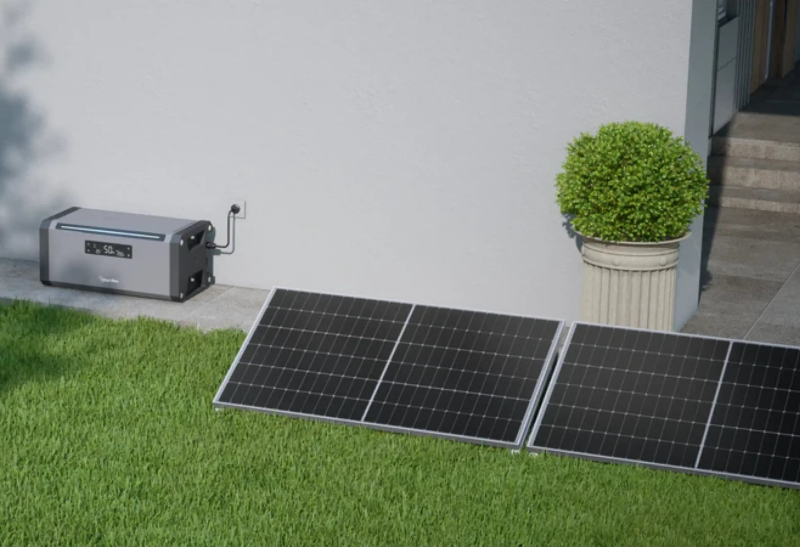 Solarpanels auf dem Boden aufgestellt mit einem Batteriespeicher im Hintergrund