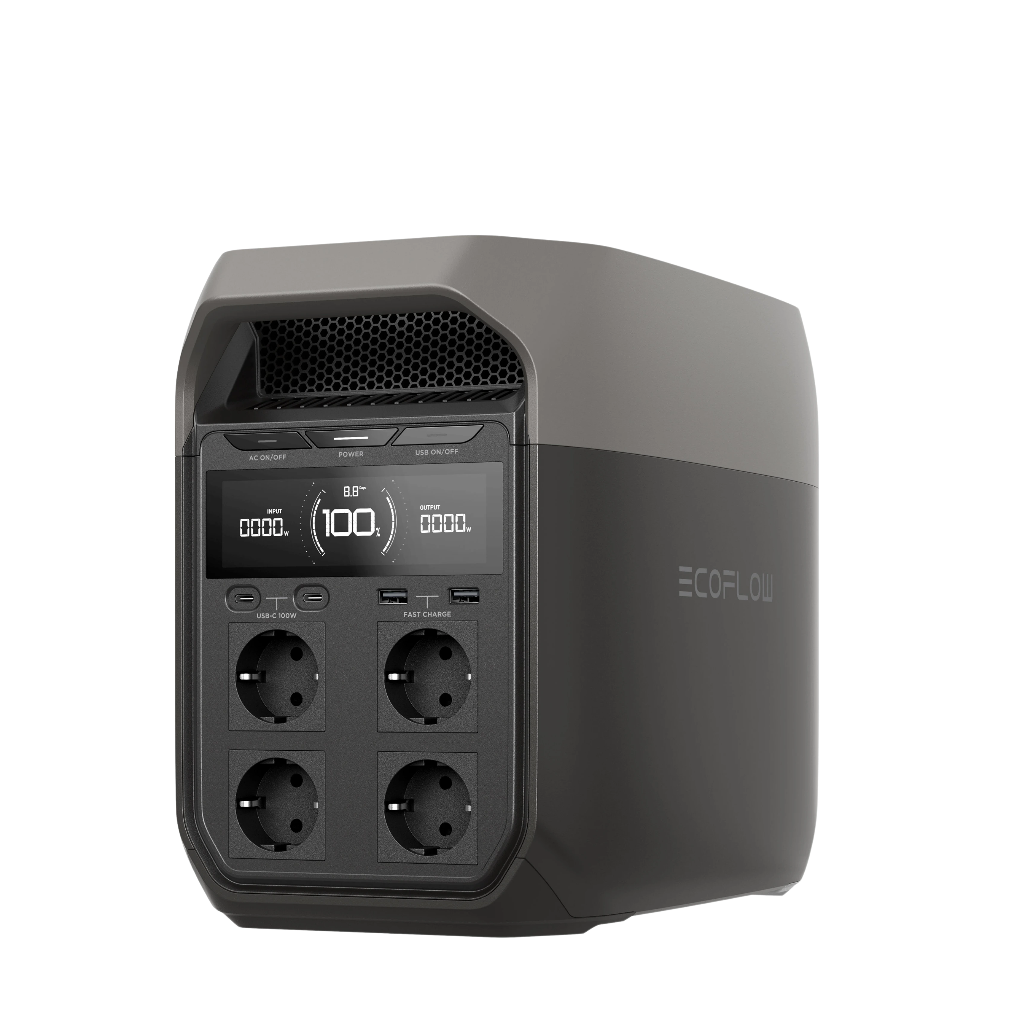 Schrägansicht der EcoFlow DELTA 3 Powerstation zur Darstellung des Designs