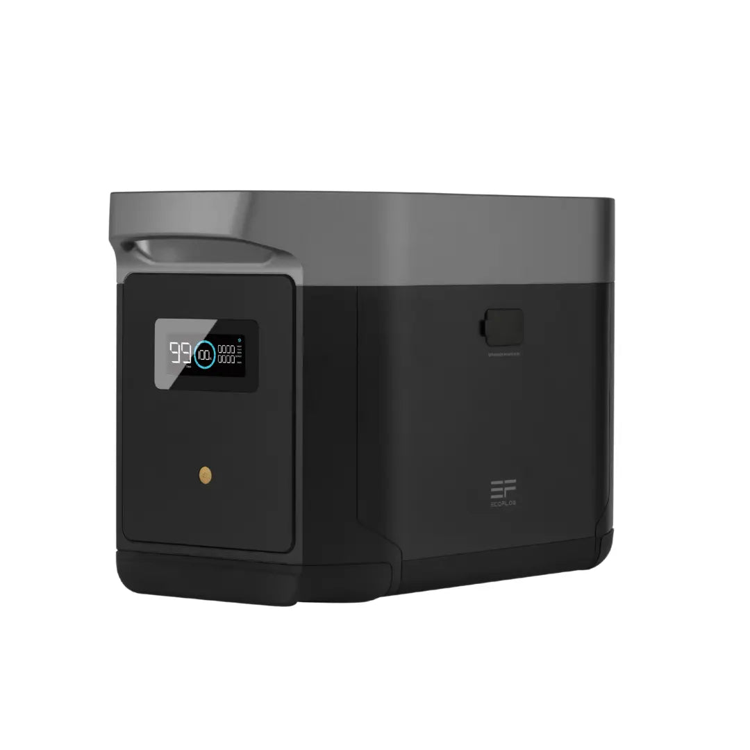Seitenansicht einer EcoFlow Delta 2 Max Zusatzbatterie auf weißem Hintergrund.