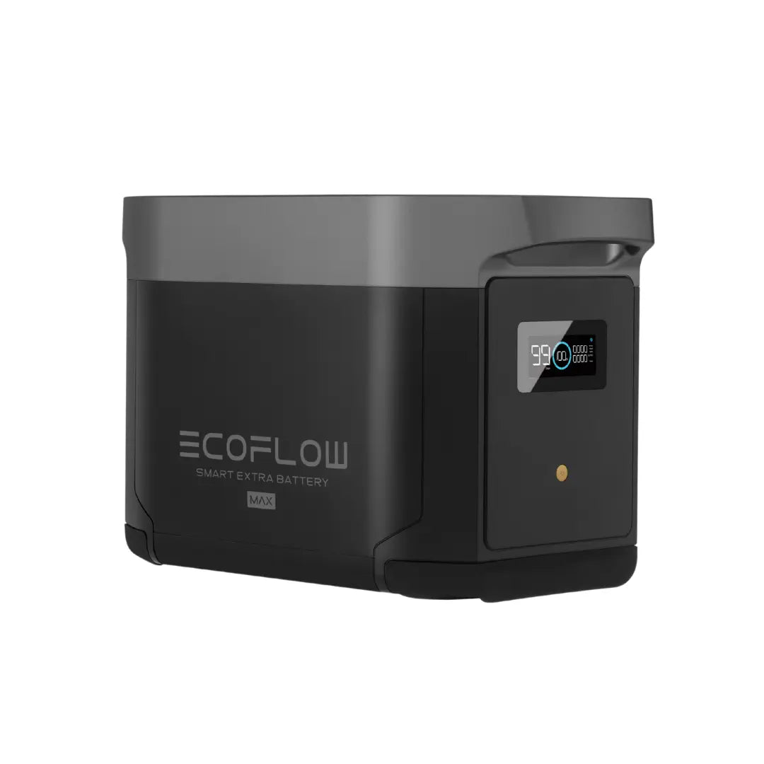 EcoFlow Delta 2 Max Zusatzbatterie auf weißem Hintergrund.