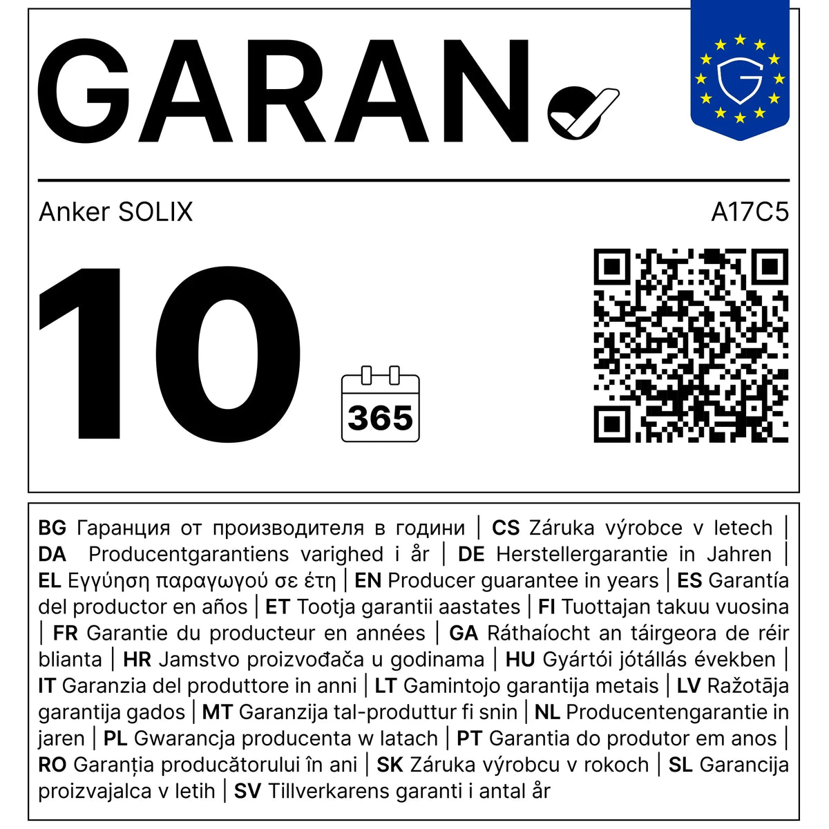 EU-GARAN-Label: Haltbarkeitsgarantie des Herstellers Anker für die Anker SOLIX Solarbank 3 E2700 Pro