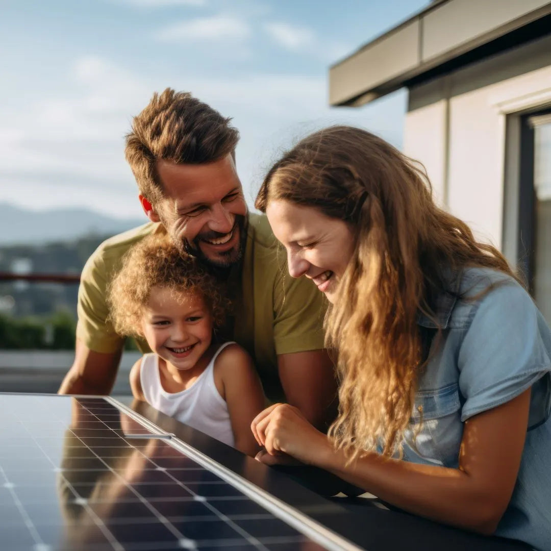 Mann, Frau und Kind mit Lachem in Gesicht sitzen vor Solarmodul