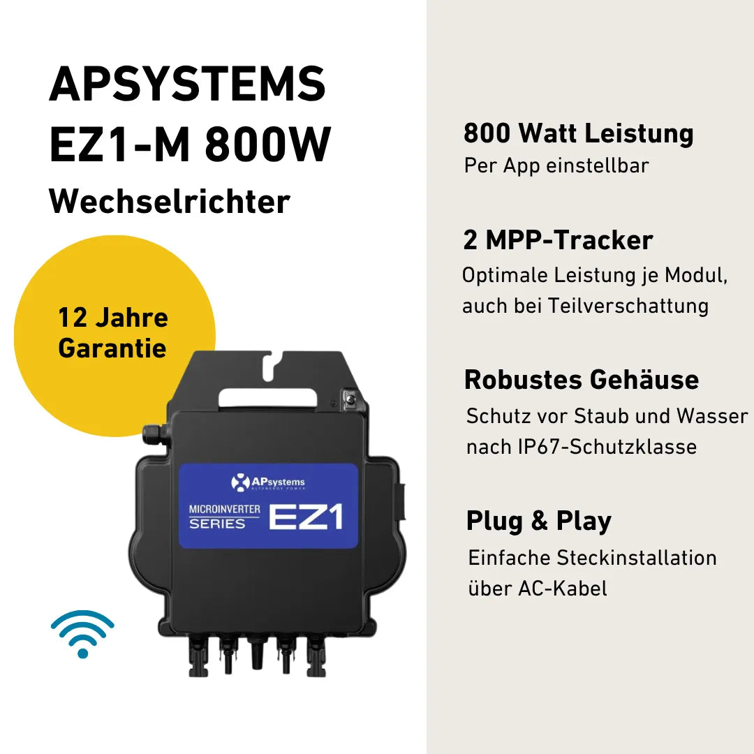 APSystems EZ1-M 800W Wechselrichter. Schwarzer Mikro-Wechselrichter mit blauer Beschriftung, geeignet für Balkonkraftwerke. Features: 800W Leistung (einstellbar per App), Plug & Play Design, 12 Jahre Garantie.