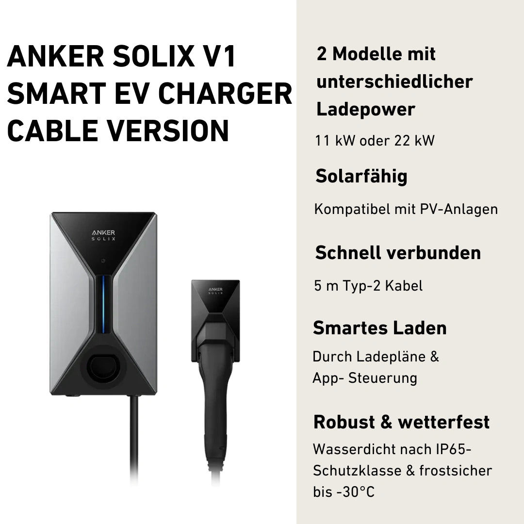 Anker SOLIX V1 Smart EV Charger Produktbild mit Produktinfos, Kabelversion