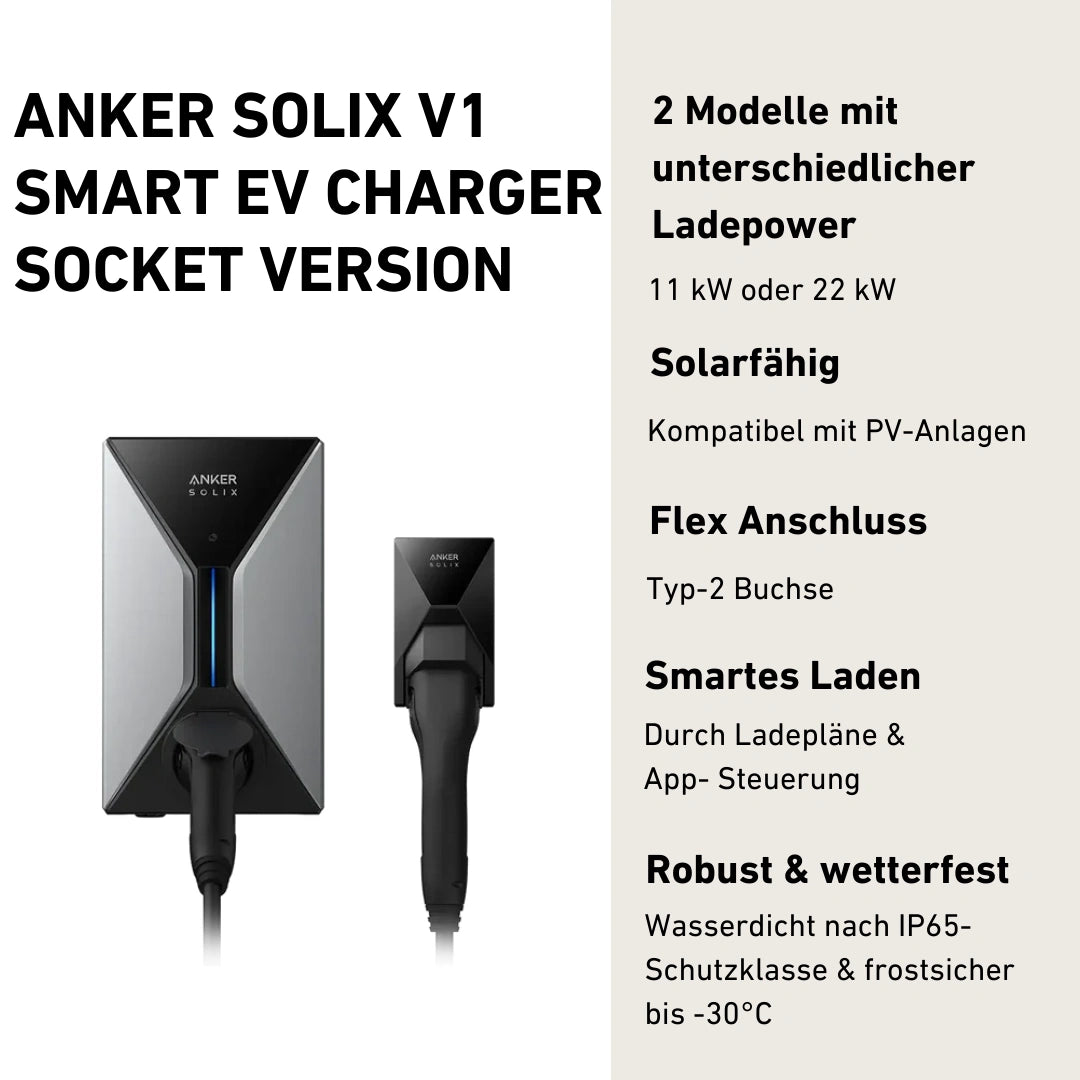 Anker SOLIX V1 Smart EV Charger Produktbild mit Produktinfos, Version mit Buchse