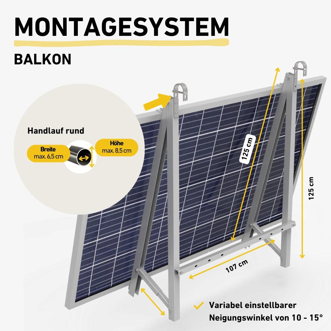Montagesystem für Balkon-Solarmodule, höhenverstellbar (10–15° Neigung). Geeignet für runde (max. 6,5x8,5 cm) und eckige Handläufe (max. 6x6 cm). Maße: 125x107 cm.