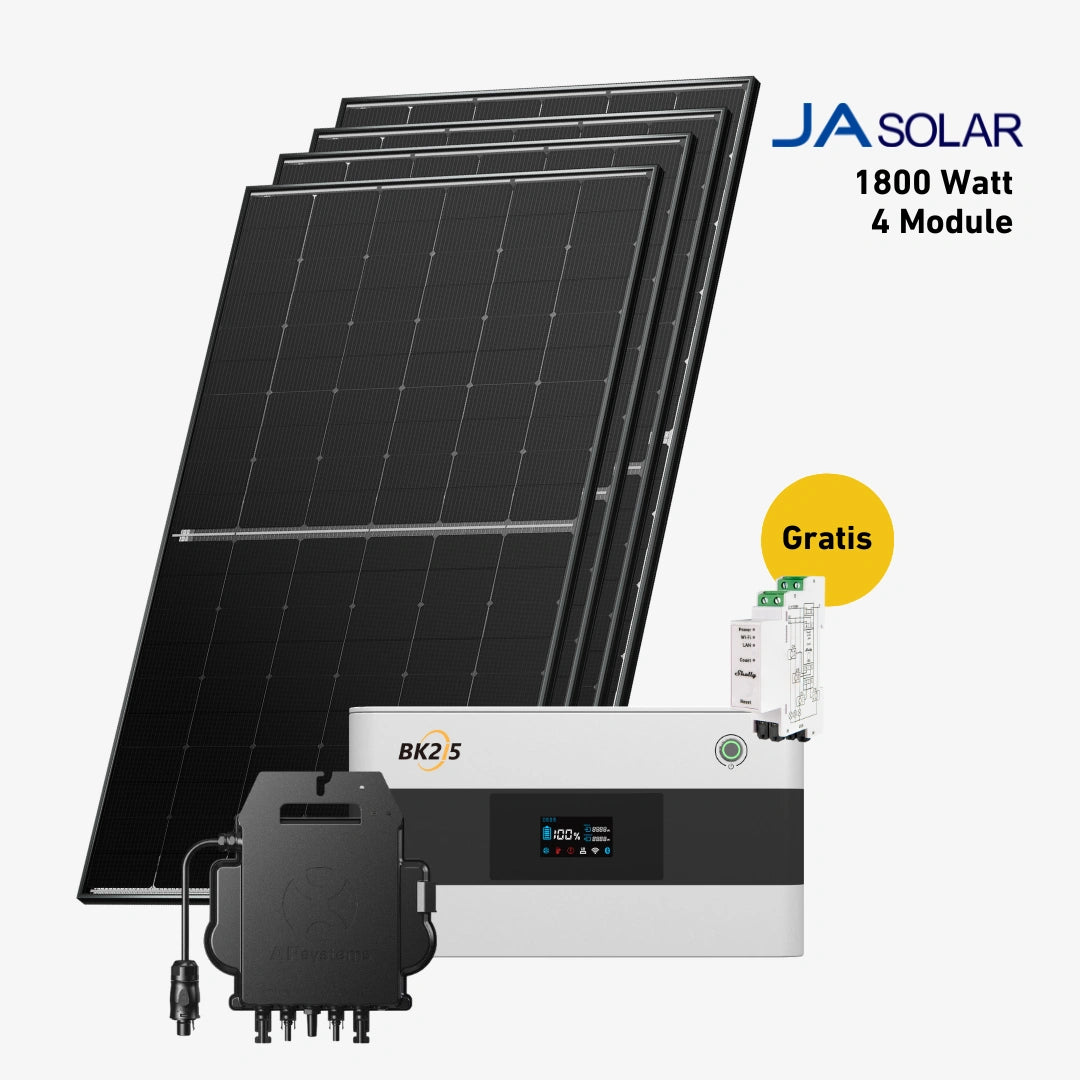 Vier JA Solar Solarmodule mit SunEnergyXT B215 Stromspeicher und AP Systems Wechselrichter und Shelly Pro 3EM Strommessgerät Produktbild