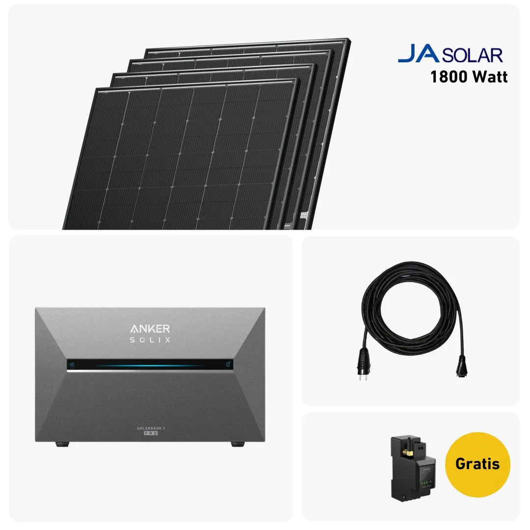 Basic Balkonkraftwerk Set mit 4 Solarmodulen, Anker Solix Stromspeiche, Anker Smart Meter und Sehr gut label