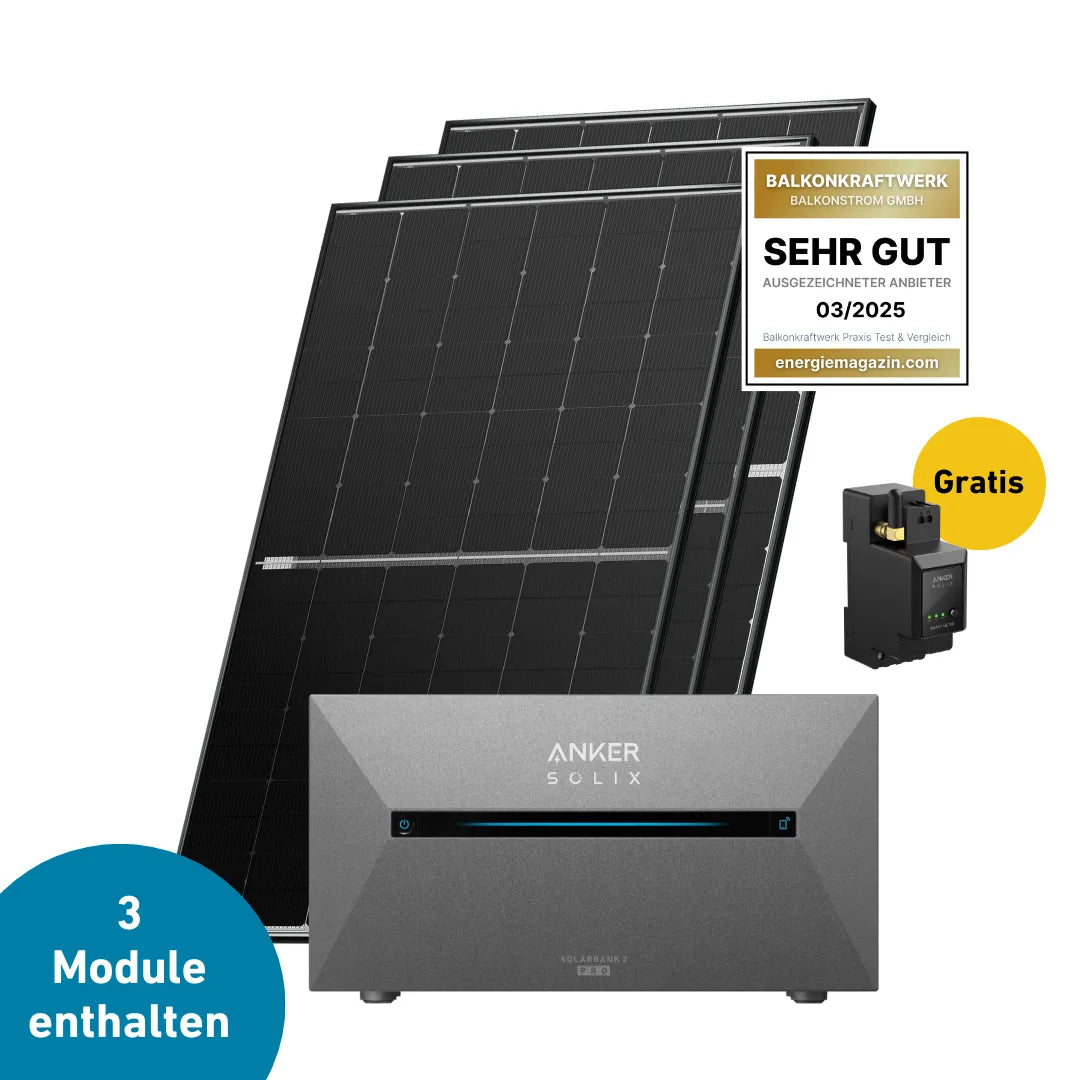 Drei Solarmodule mit Anker Solix Solarbank Pro 2, Anker Smartmeter und sehr gut label