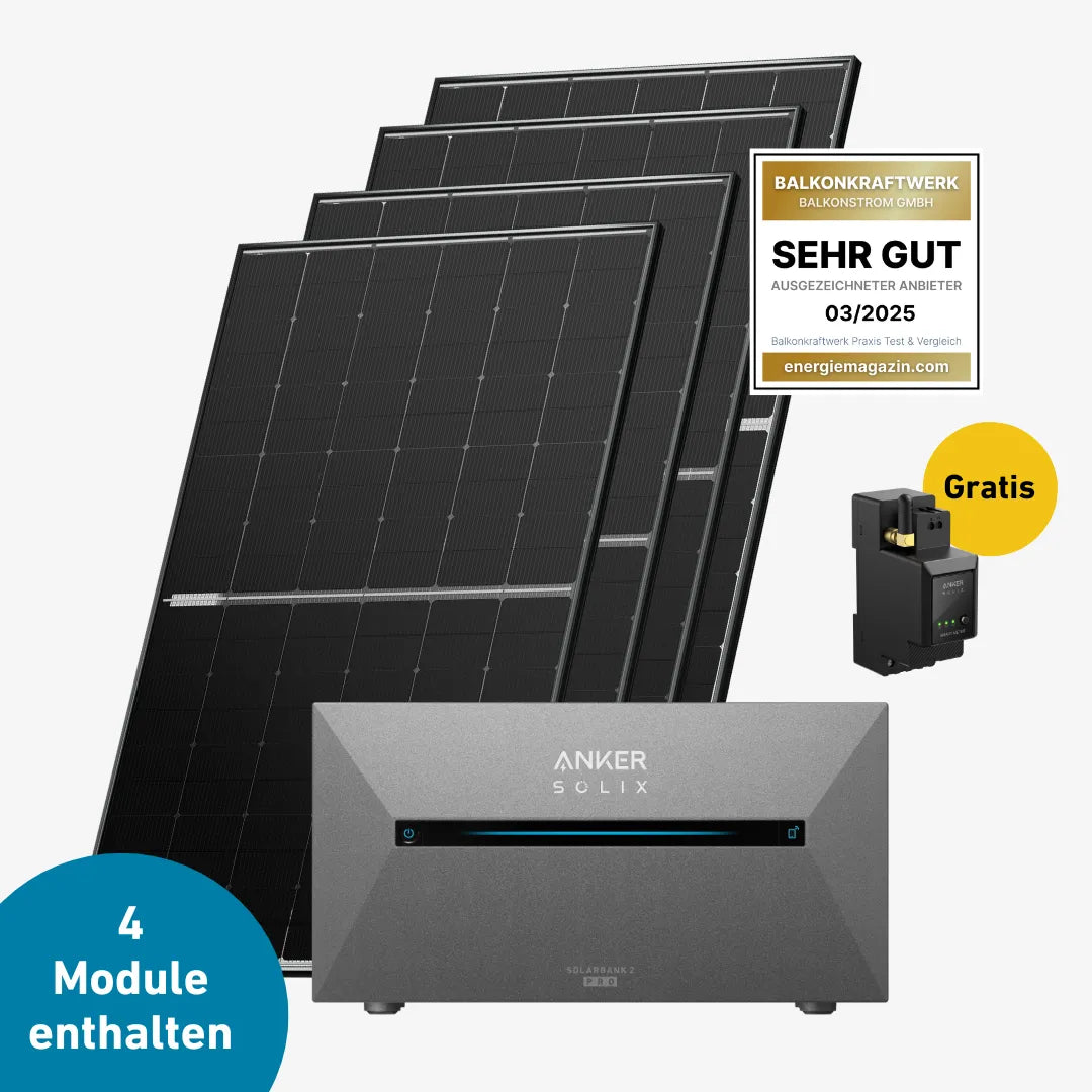 Vier Solarmodule mit Anker Solix Solarbank Pro 2, Anker Smartmeter und sehr gut Label