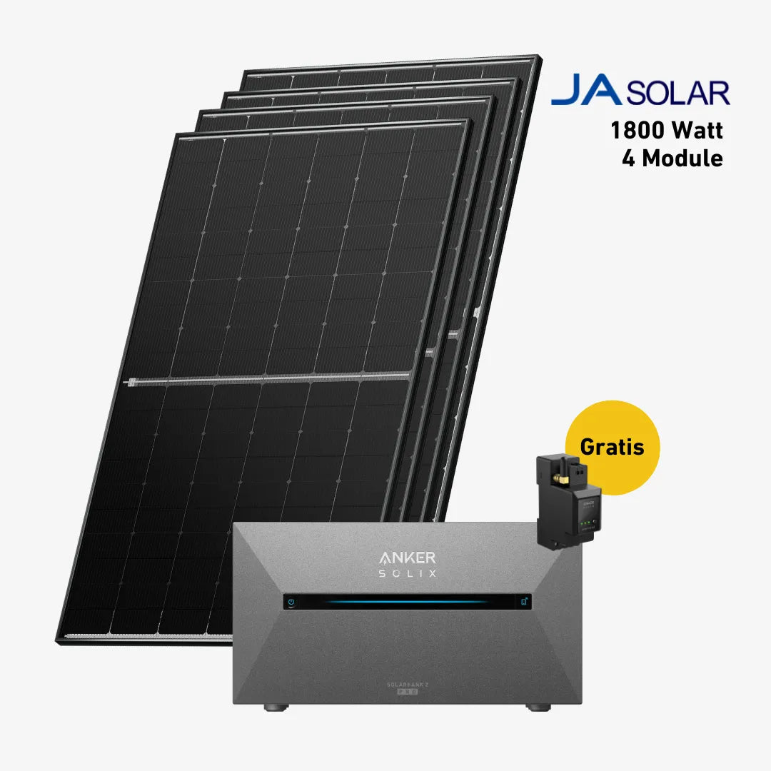 Vier Solarmodule mit Anker Solix Solarbank Pro 2, Anker Smartmeter und sehr gut Label