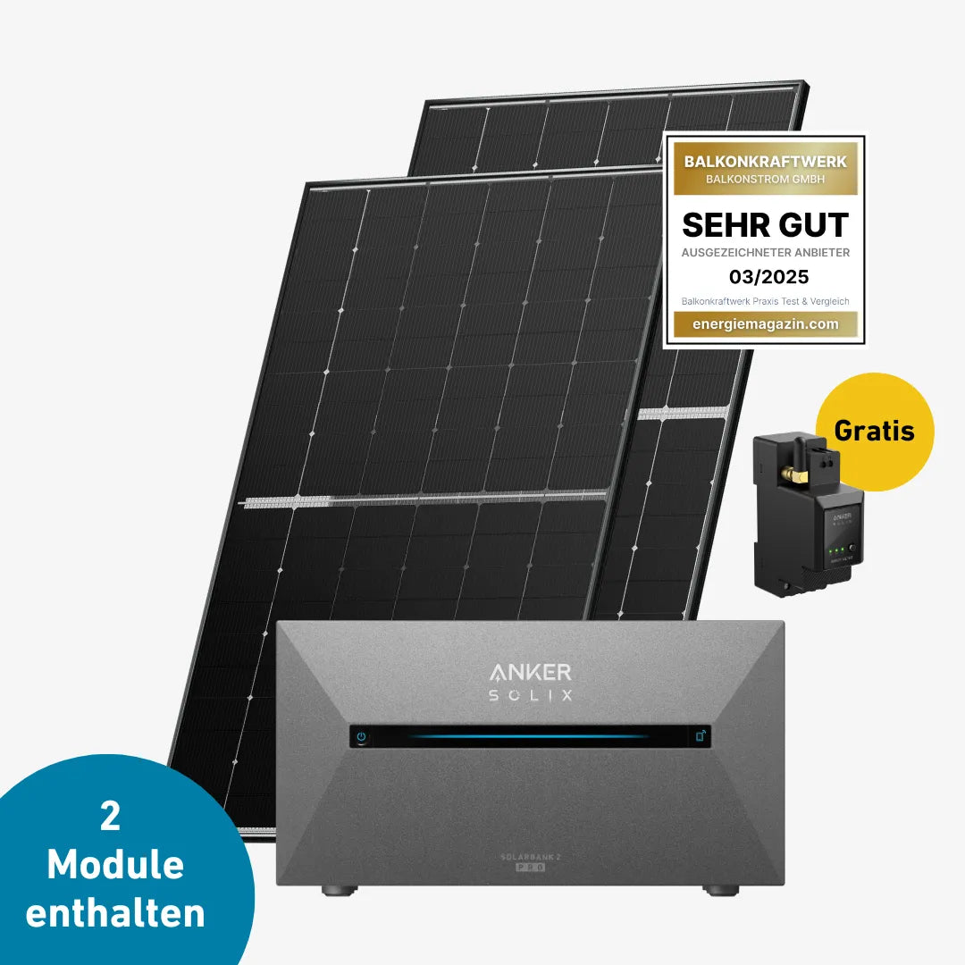 Zwei Solarmodule mit Anker Solix Solarbank Pro 2 und anker Smartmeter und sehr gut label