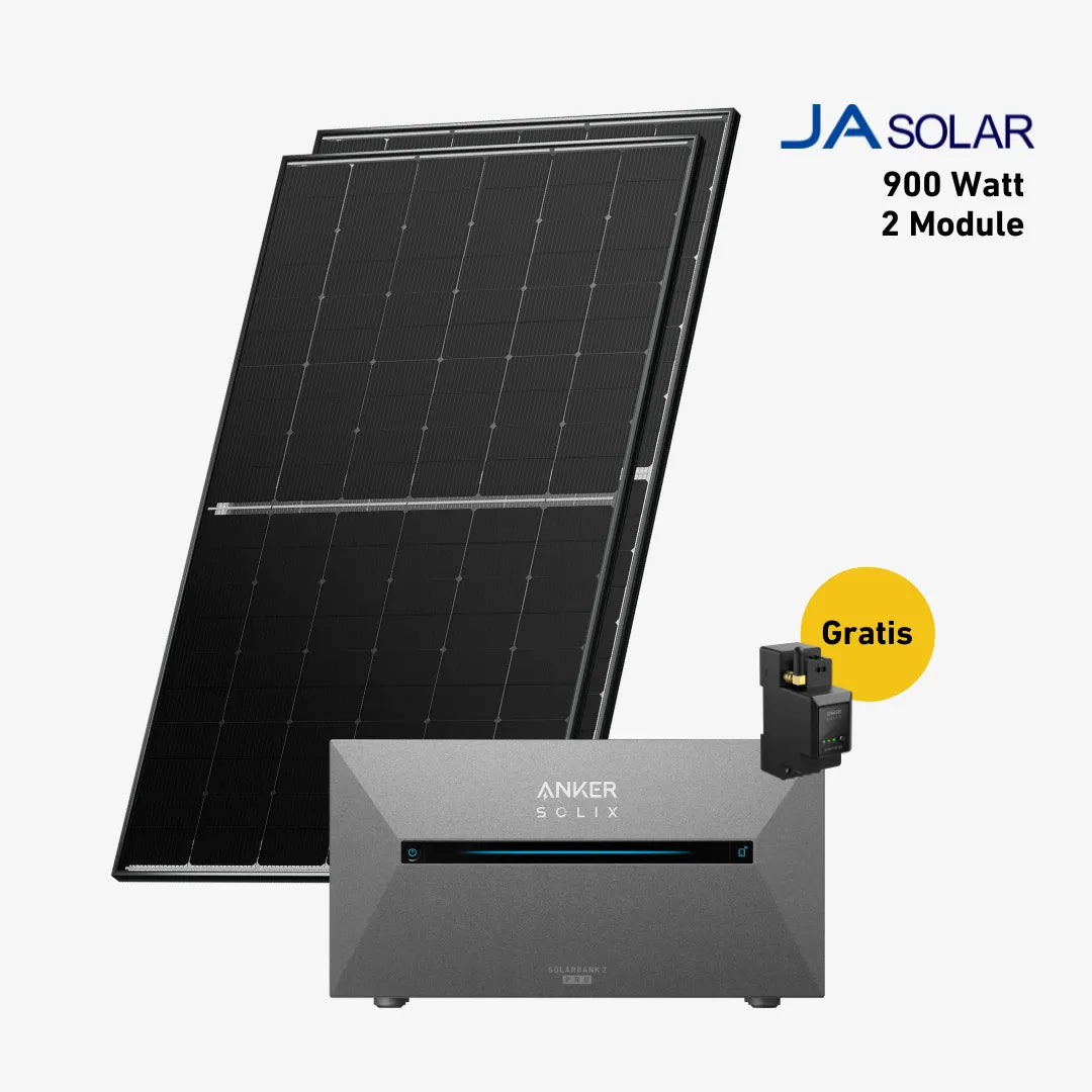 Zwei Solarmodule mit Anker Solix Solarbank Pro 2 und anker Smartmeter und sehr gut label