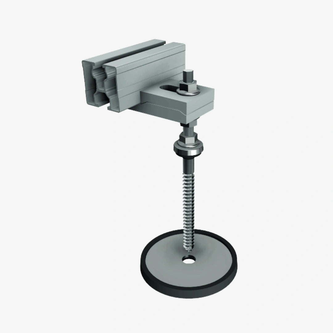 Montageset für Solarmodule auf einem Bitumendach. Enthalten sind eine Aluminiumschiene, spezielle Halterung für Bitumendächer, Schrauben, Kabelbinder und eine Endklemme.