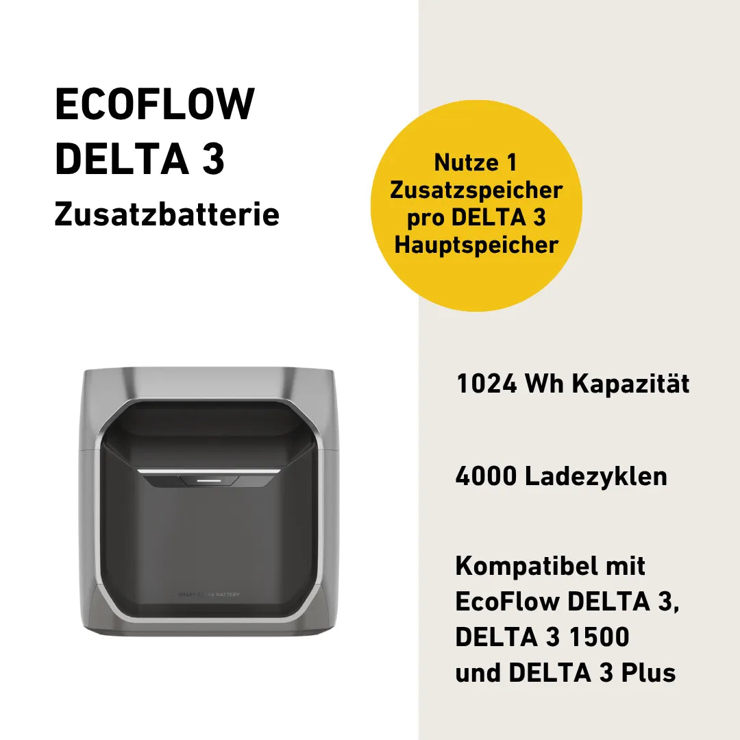 Produktbild tragbarer EcoFlow Delta 3 Zusatzbatterie mit Produktinfos