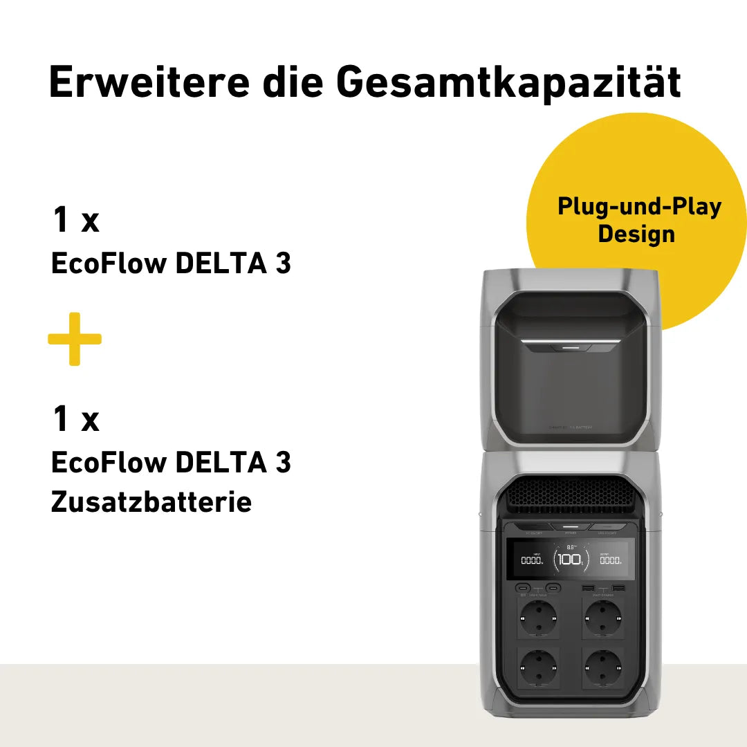 Produktbild Ecoflow Delta 3 Stromspeicher mit Ecoflow Delta 3 Zusatzbatterie, gestapelt
