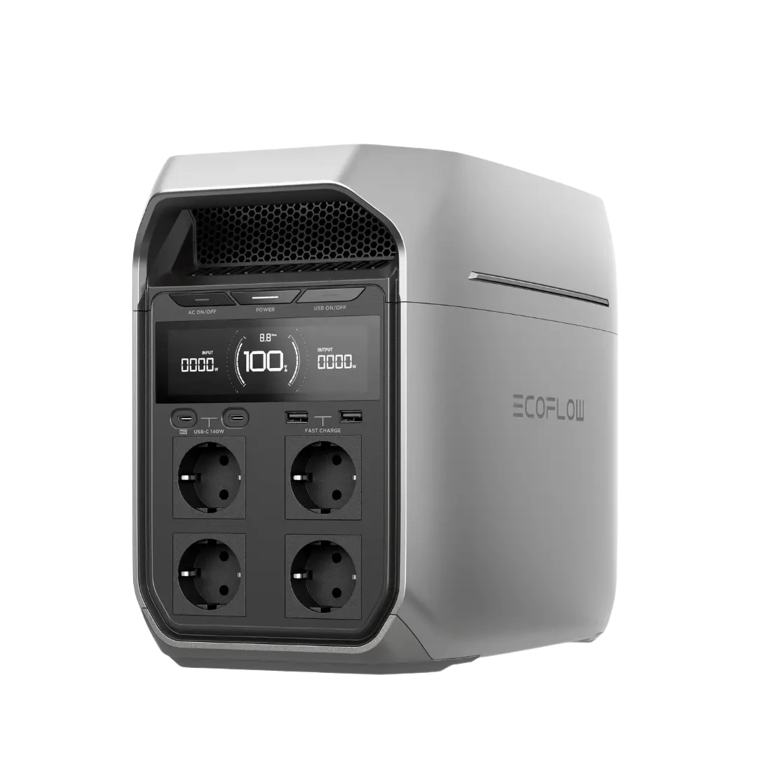 EcoFlow Delta 3 Pro Powerstation Produktbild, zeigt die Vorderseite mit Display, Steckdosen und Anschlüssen