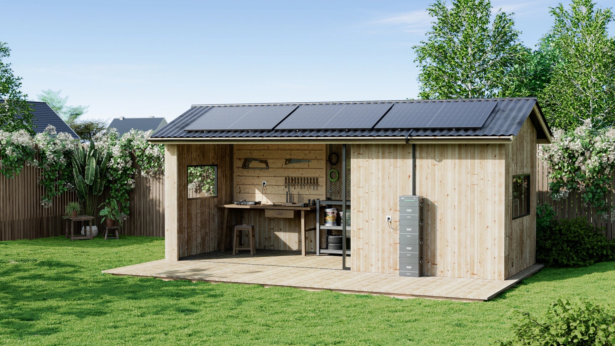 Zendure Hyper 2000 mit vier Zusatzspeichern in Verwendung in der Gartenhütte
