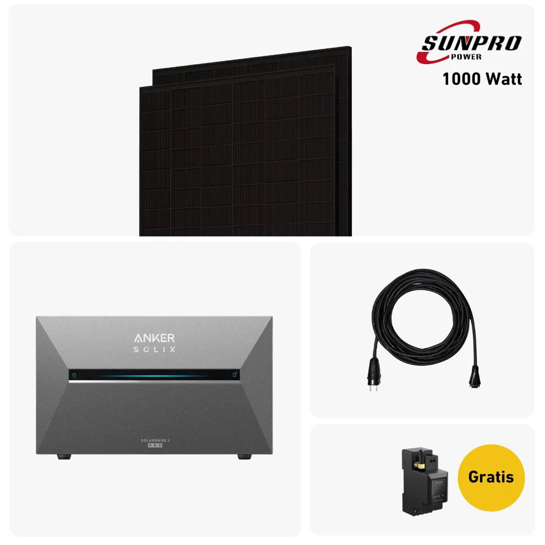 Max Balkonkraftwerk Set mit 2 fullblack Solarmodulen, Anker Solix Stromspeiche, Anker Smart Meter und Sehr gut label