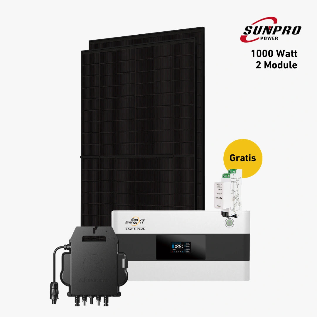 Zwei fullblack Solarmodule mit SunEnergyXT B215 Plus Stromspeicher und AP Systems Wechselrichter und Shelly Pro 3EM Strommessgerät Produktbild
