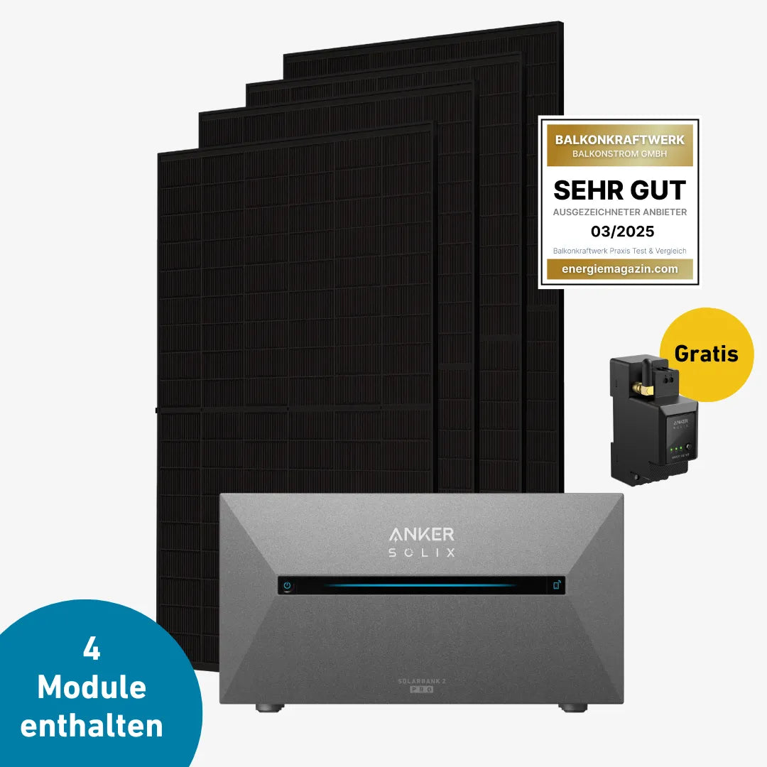 Solaranlagen-Set bestehend aus mehreren schwarzen Solarpaneelen, einem Anker Solix Batteriespeicher und einem Gratis-Artikel