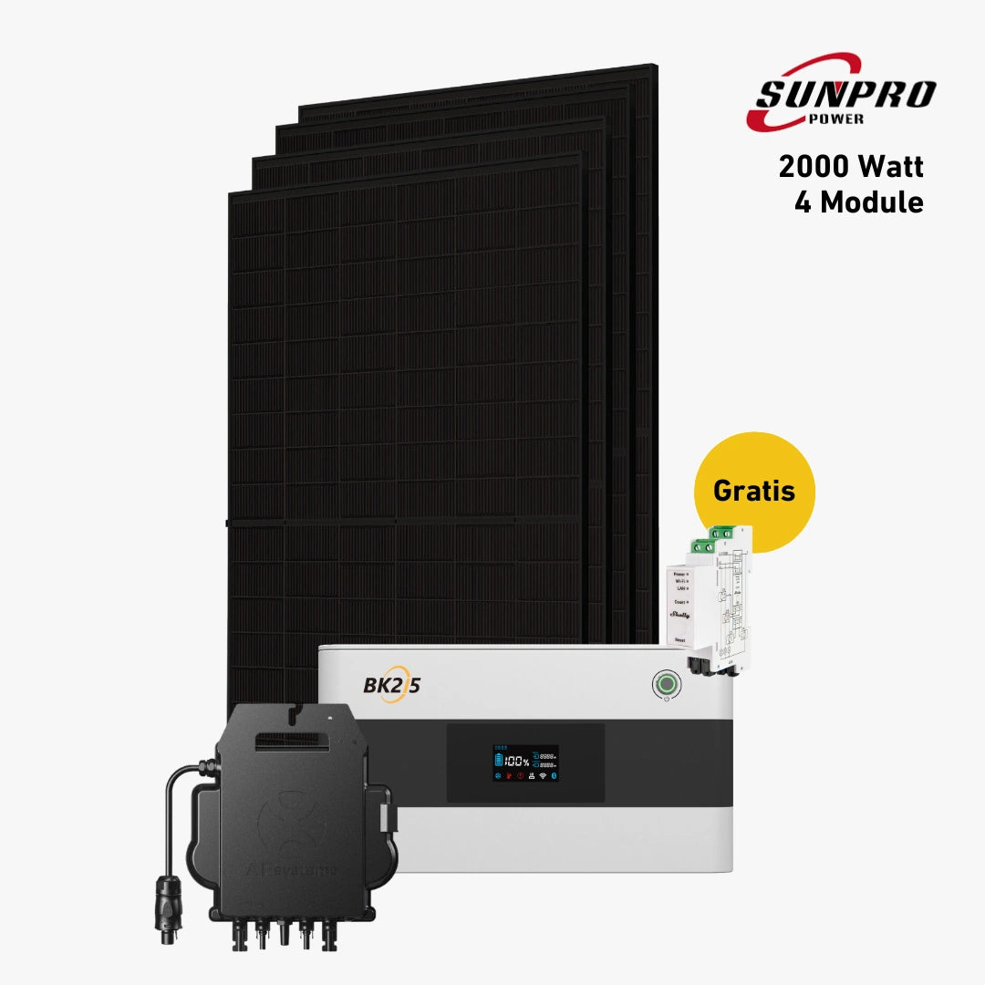 Vier fullblack Solarmodule mit SunLit B215 Stromspeicher und AP Systems Wechselrichter und Shelly Pro 3EM Strommessgerät Produktbild