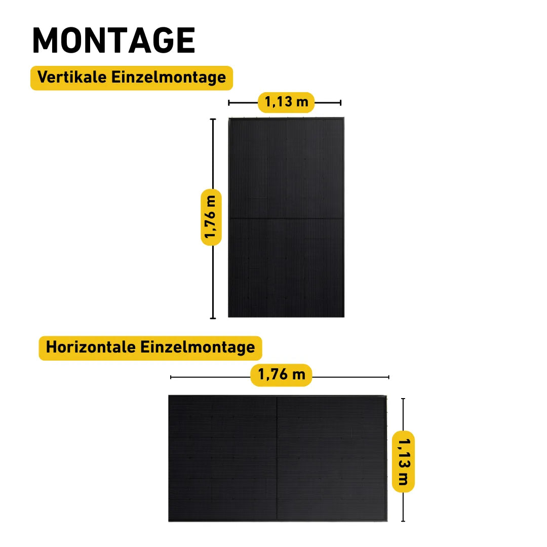 Einzelmontage vertikal vs Einzelmontage horizontal Abbildung mit Abmessungen
