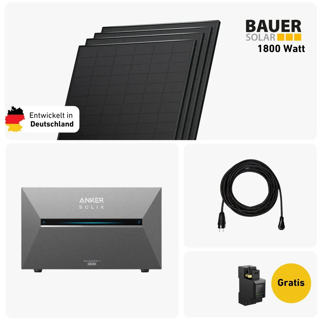 Premium Balkonkraftwerk Set mit 4 fullblack Solarmodulen, Anker Solix Stromspeiche, Anker Smart Meter und Sehr gut label