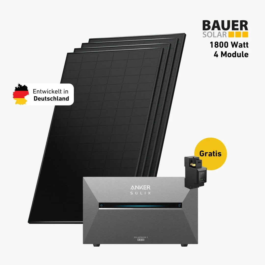 Premium Balkonkraftwerk Set mit 4 fullblack Solarmodulen, Anker Solix Stromspeiche, Anker Smart Meter und Sehr gut label