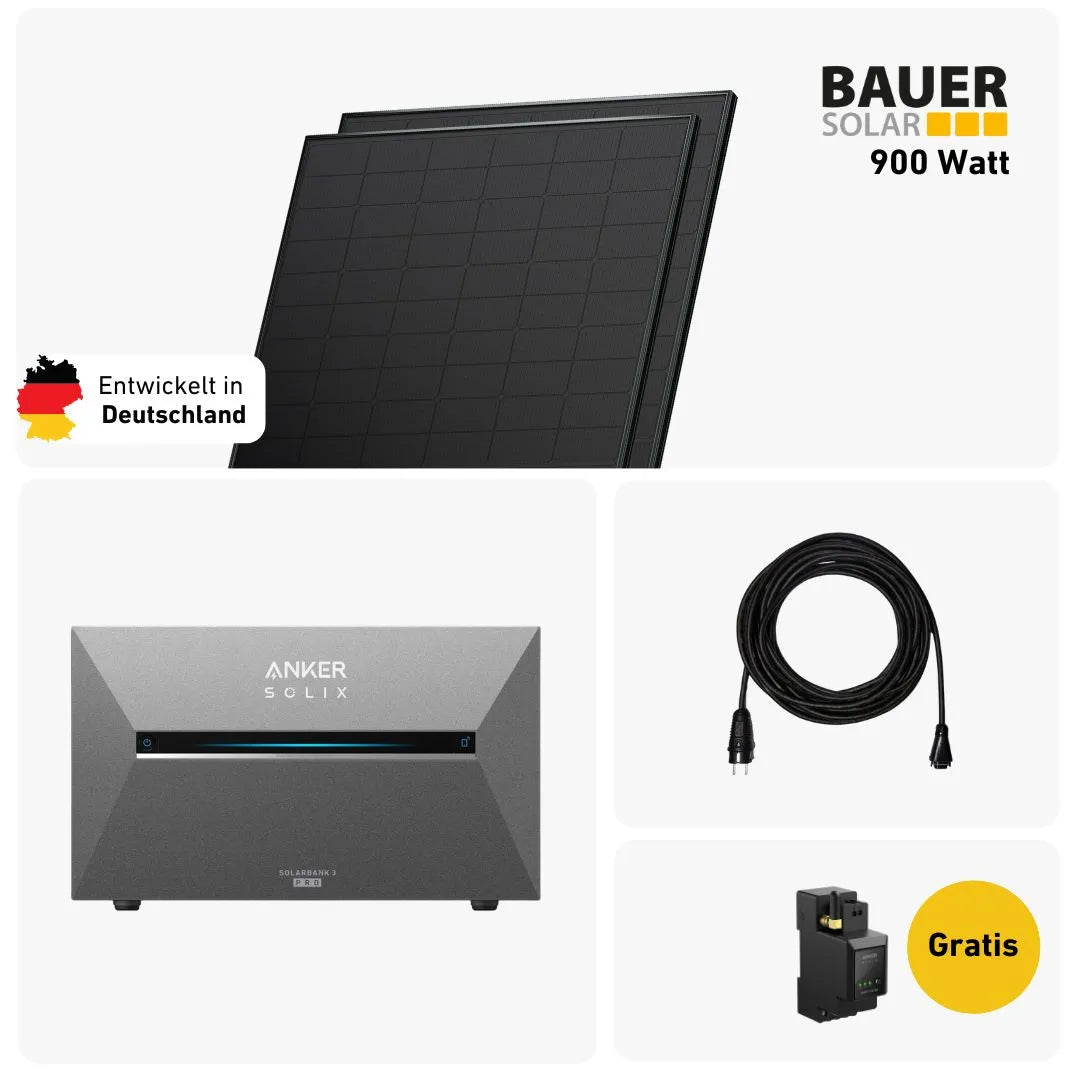 Premium Balkonkraftwerk Set mit 2 fullblack Solarmodulen, Anker Solix Stromspeiche, Anker Smart Meter und Sehr gut label