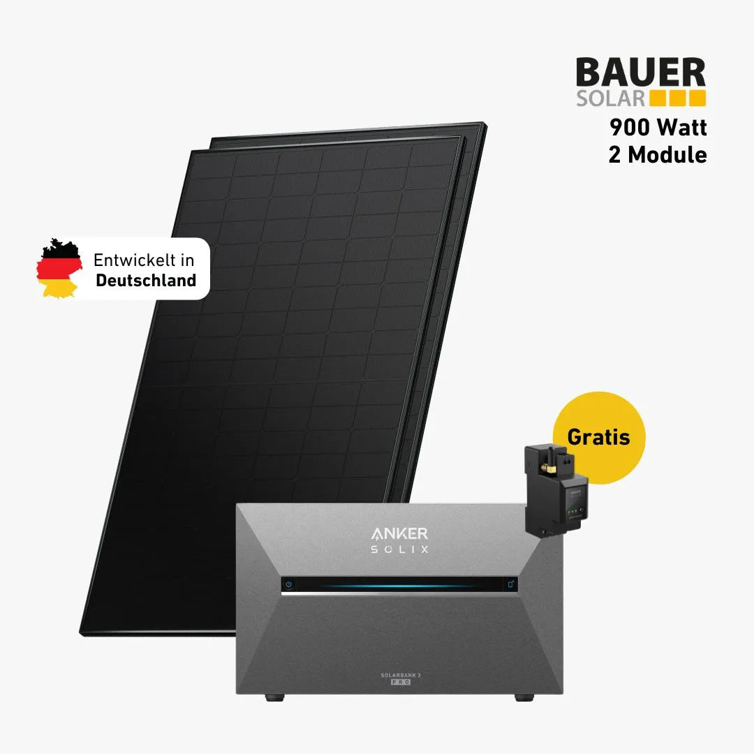 Premium Balkonkraftwerk Set mit 2 fullblack Solarmodulen, Anker Solix Stromspeiche, Anker Smart Meter und Sehr gut label