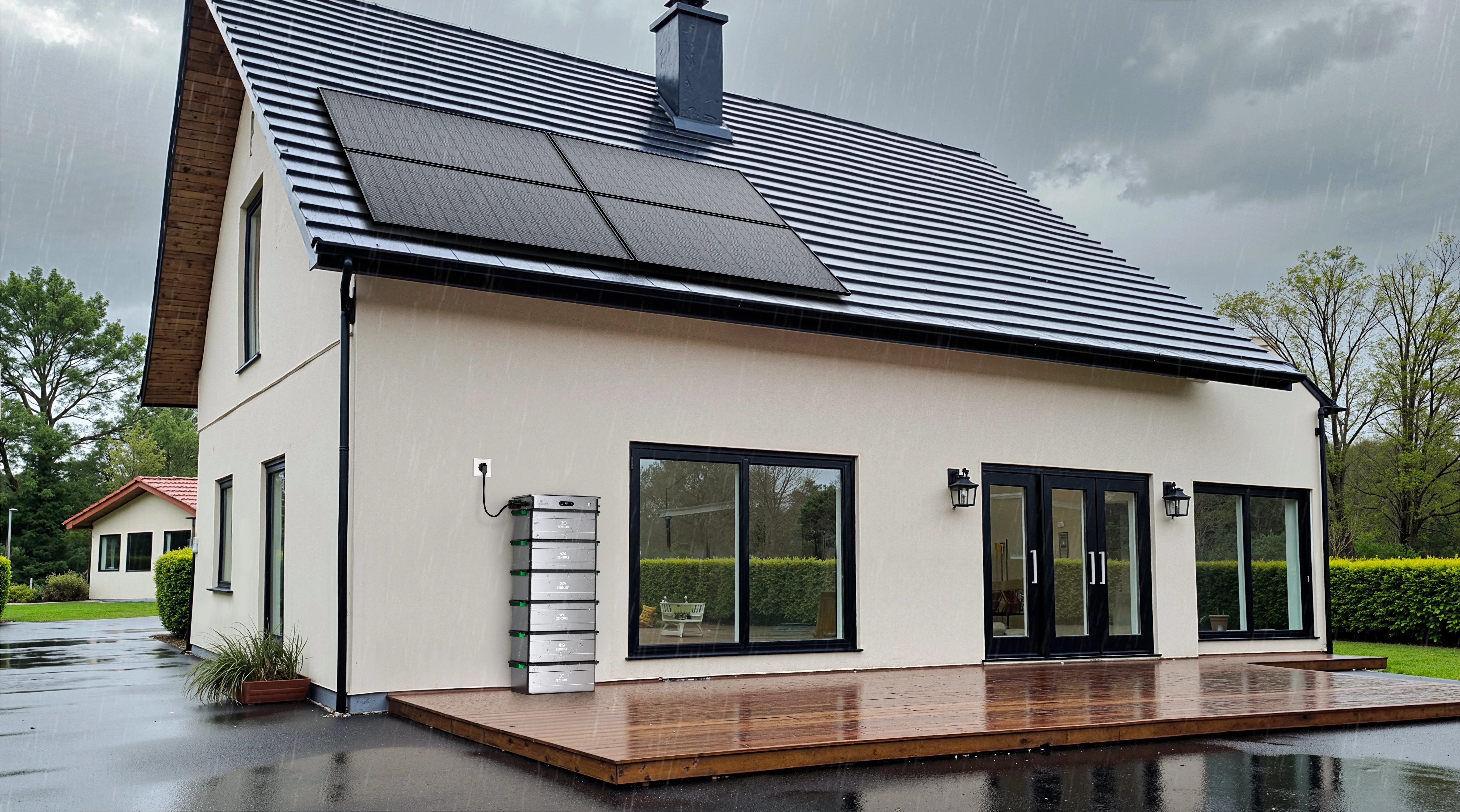 Zendure Solarflow 2400AC mit 6x AB3000X auf Terasse bei Regen