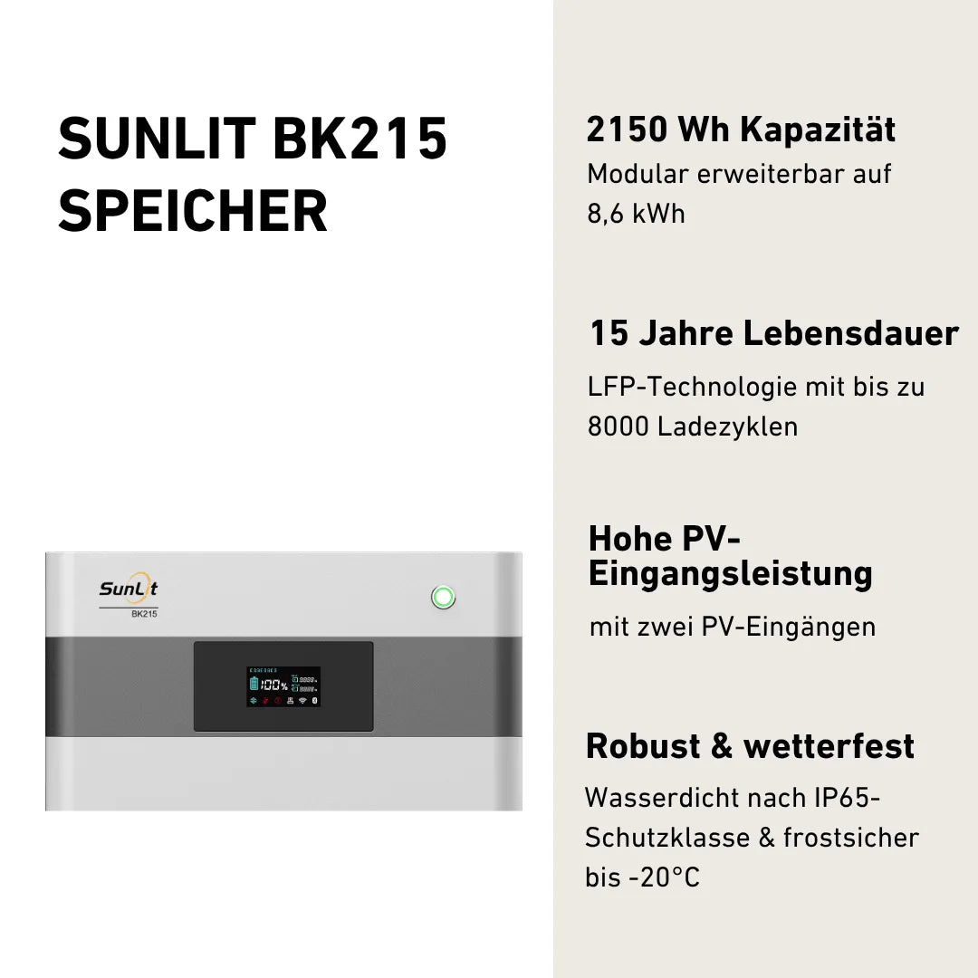 SunLit BK215 Stromspeicher Produktbild mit Produkteigenschaften