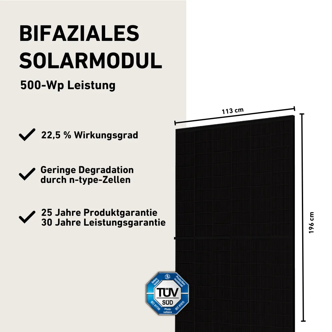 Bifaziales Solarmodul mit 500-WP-Leistung, schwarzes Design, Maße 196 cm x 113 cm, 22,5 % Wirkungsgrad, n-type-Zellen für geringe Degradation, TÜV SÜD-zertifiziert, 25 Jahre Produkt- und 30 Jahre Leistungsgarantie