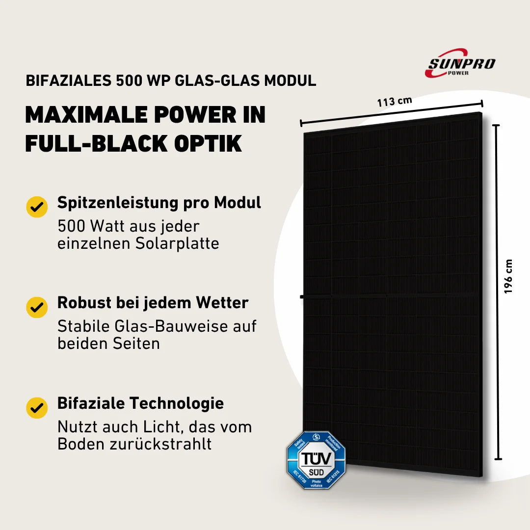 Bifaziales Solarmodul mit 500-WP-Leistung, schwarzes Design, Maße 196 cm x 113 cm, 22,5 % Wirkungsgrad, n-type-Zellen für geringe Degradation, TÜV SÜD-zertifiziert, 25 Jahre Produkt- und 30 Jahre Leistungsgarantie