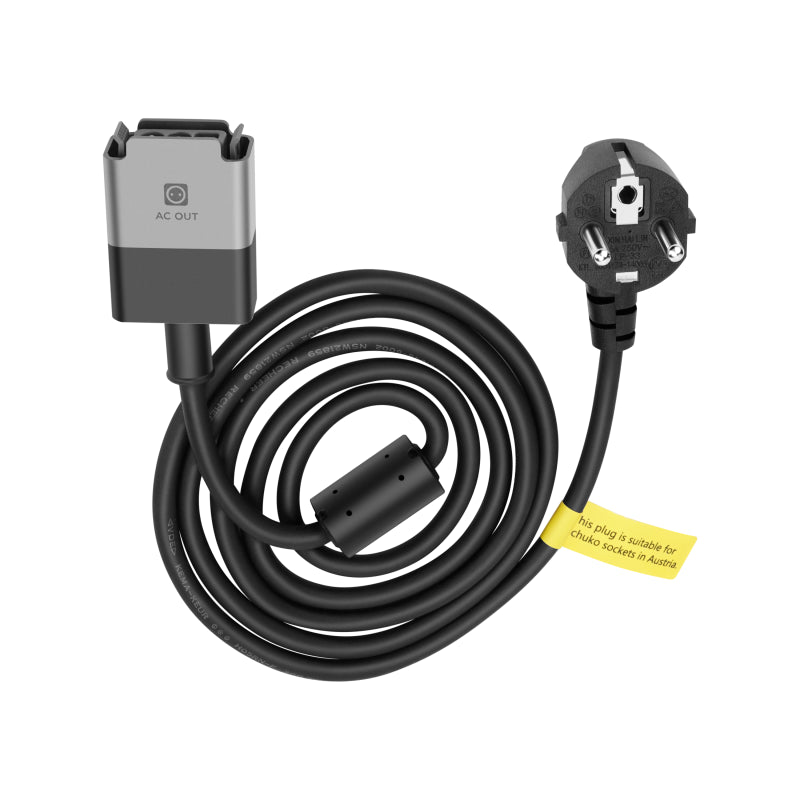 nsicht des EcoFlow Powerstream BKW - AC Anschlusskabels, aufgewickelt, mit den AC-Anschlüssen für die Verbindung zu Powerstationen.