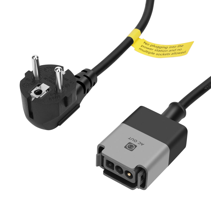 Nahaufnahme des EcoFlow Powerstream BKW - AC Anschlusskabels, die Anschlüsse und die flexible Verarbeitung des 5 Meter langen Kabels zeigend.