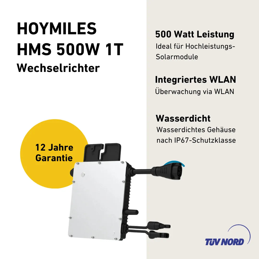 Hoymiles HMS-500 Mikrowechselrichter Produktbild Darstellung mit Produkteigenschaften
