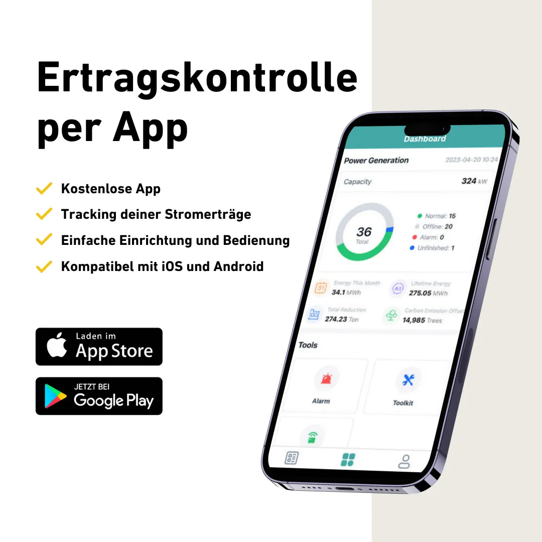 Hoymiles Tracking App Ertragskontrolle App-Bild auf Smartphone mit Eigenschaften