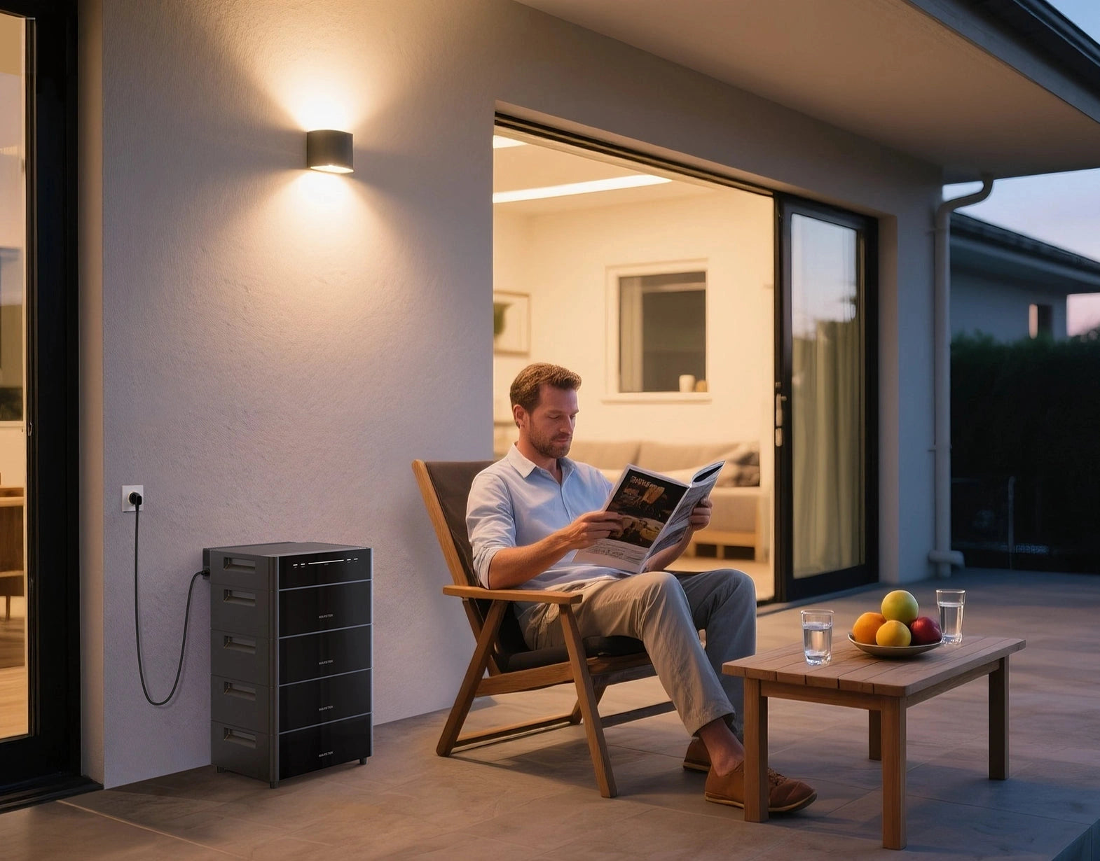 Marstek Venus D mit 4 mal Erweiterungsbatterien angeschlossen an der Steckdose auf der Terasse neben Mann der Zeitung liest