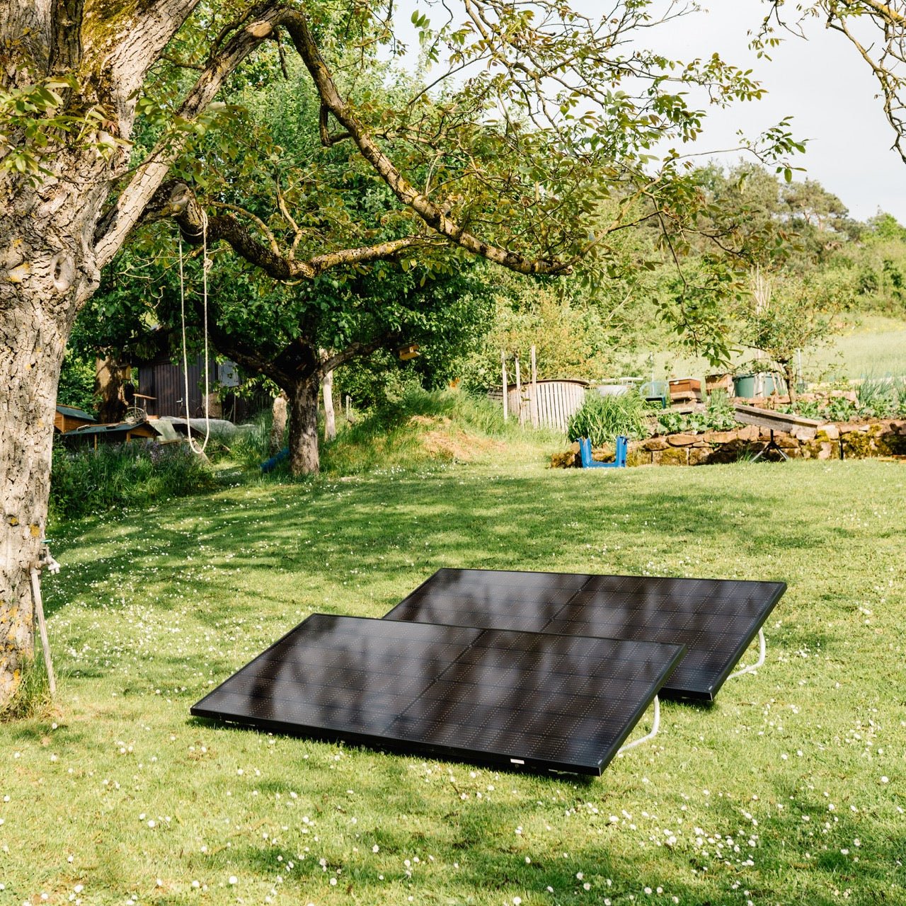 Balkonstrom Balkonkraftwerk Premium Flat 800 Watt zwei Solarmodule im Garten auf der Wiese