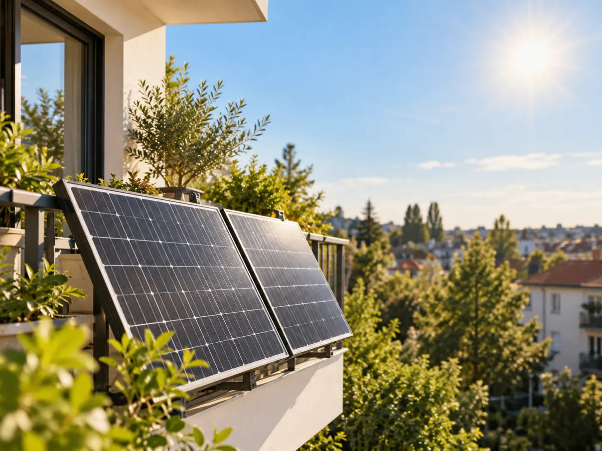 Zwei Solarmodule sind an einem sonnigen Balkon nach außen zur Sonne ausgerichtet; umgeben von grünen Pflanzen mit Blick über eine ruhige Wohngegend unter blauem Himmel.