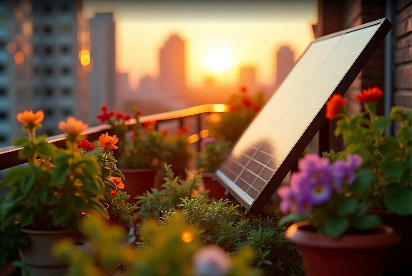 Balkonkraftwerk mit zwei Solarmodulen auf einem Stadtbalkon zur eigenen Stromerzeugung
